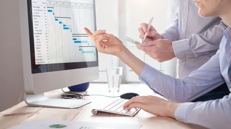 Professional project controls analyst reviewing project schedules, timelines, and data charts on a screen.