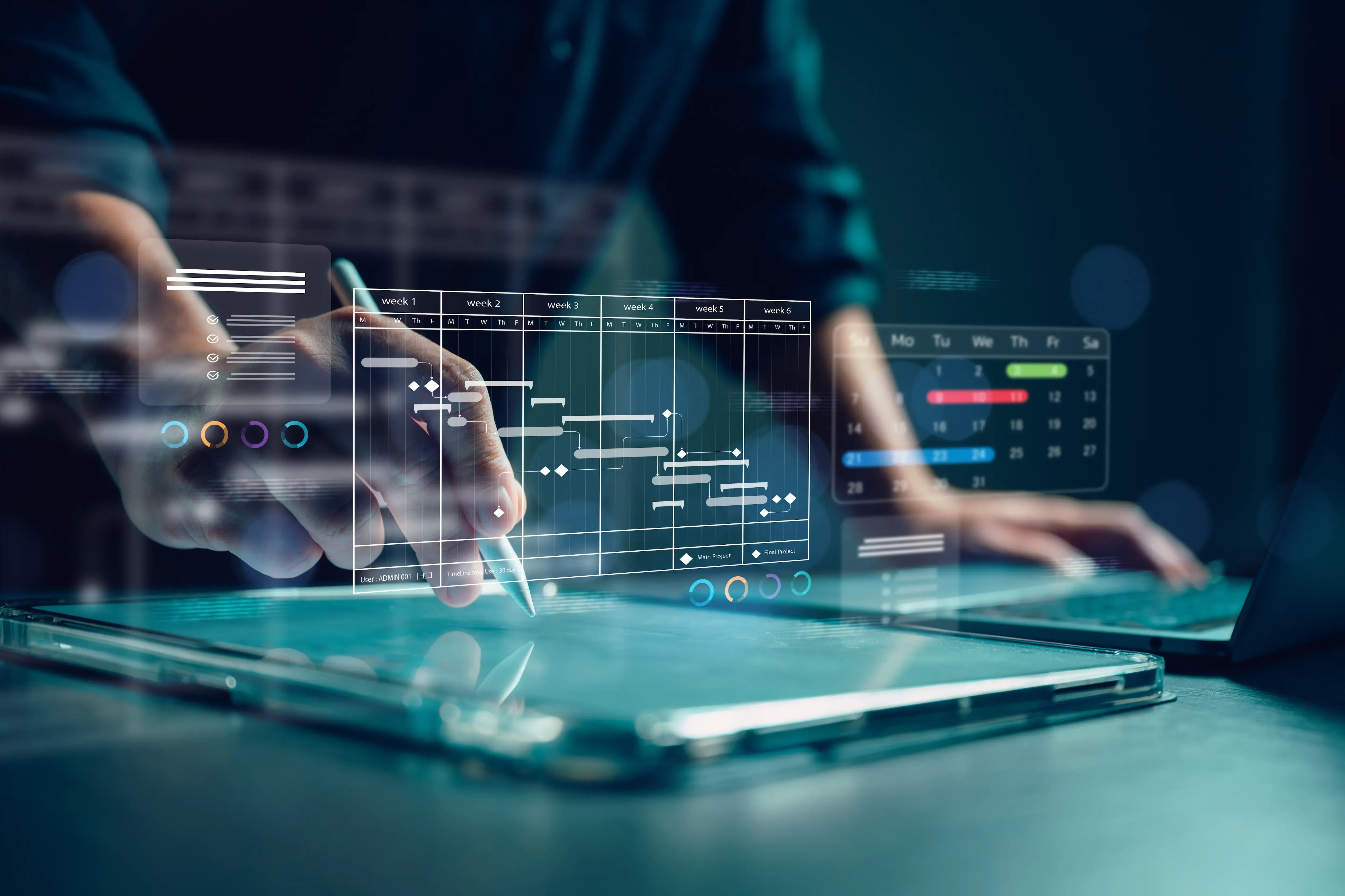 Professional project controls analyst reviewing project schedules, timelines, and data charts on a screen.
