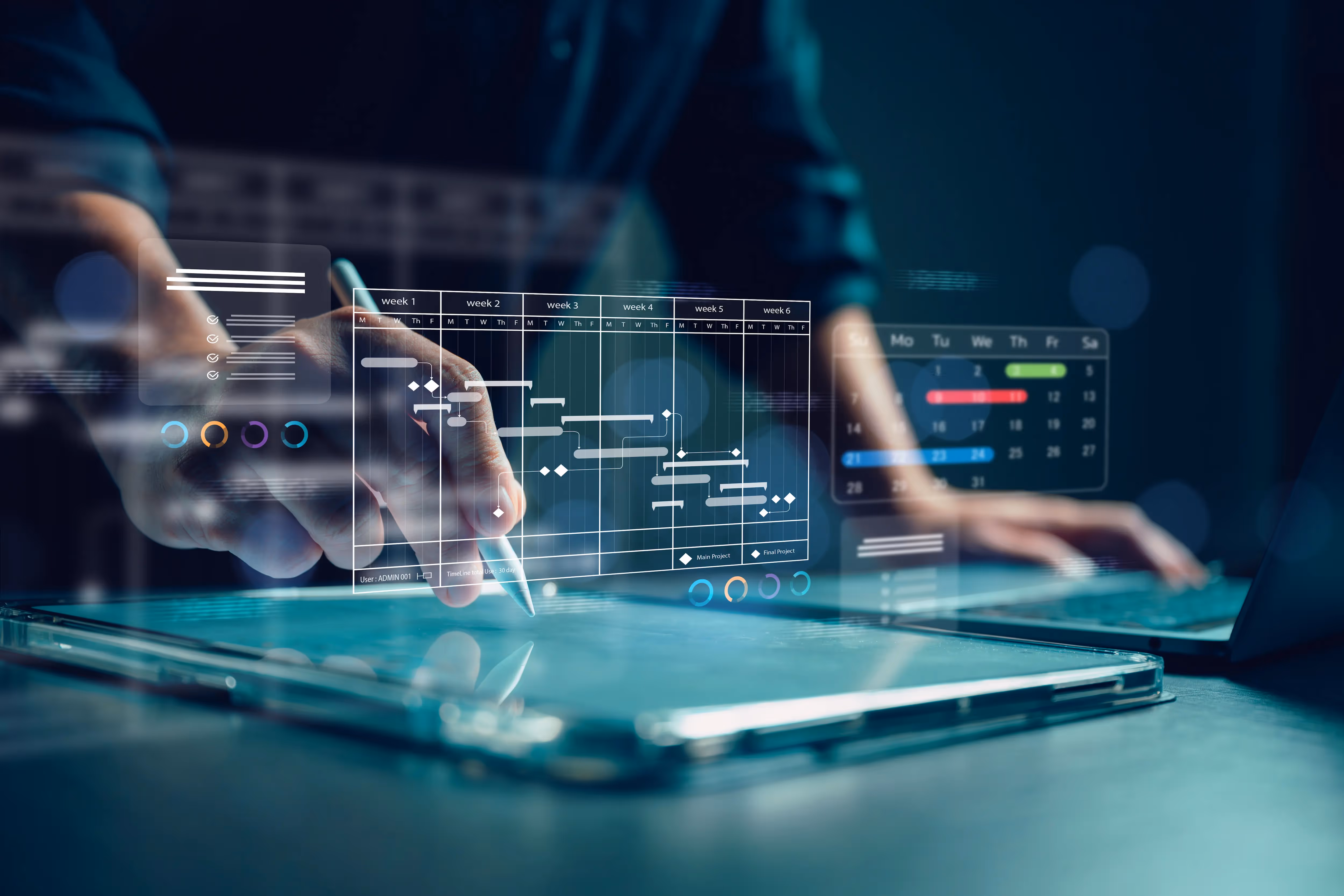 Professional project controls analyst reviewing project schedules, timelines, and data charts on a screen.
